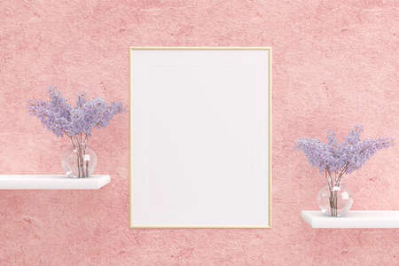 3d rendered illustration of  picture frame wall mockup and display shelves.の写真素材