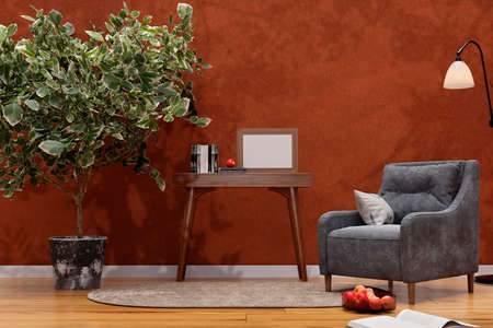 3d rendered illustration of a grey sofa sofa in a cozy living room.