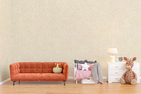 3d rendered illustration of a children room with stuffed toy animals.の写真素材