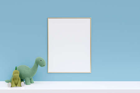 A mockup picture frame with stuffed toy dinosaurs on white shelf.  3d rendered illustration.の写真素材