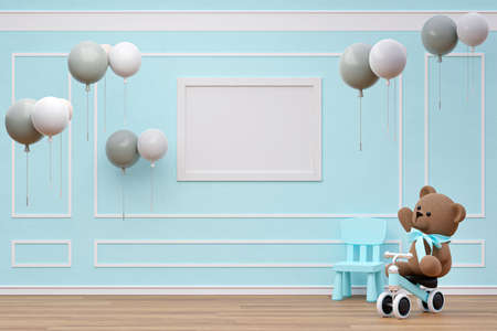 Kids playroom with stuffed toy animals and mockup picture frame. 3d rendered illustration.の写真素材
