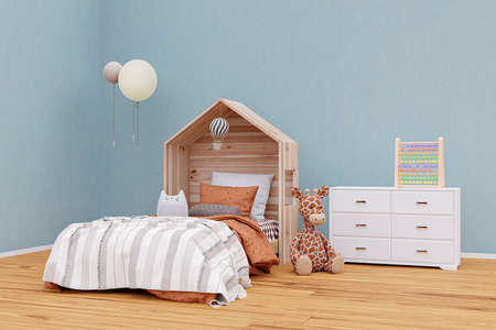 Kids bedroom with stuffed toy animals. 3d rendered illustration.の写真素材