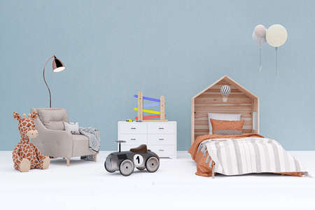 Kids bedroom with stuffed toy animals. 3d rendered illustration.の写真素材