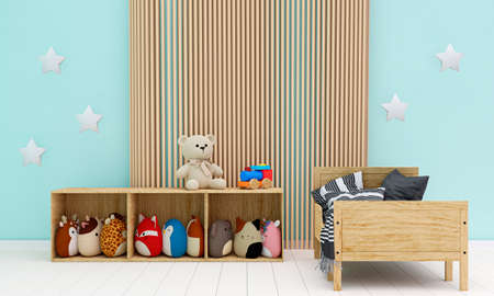 Kids bedroom with stuffed toy animals and squishmallow pillows. 3d rendered illustration.の写真素材