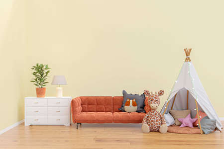 Kids playroom with stuffed toy animals and play teepee. 3d rendered illustration.の写真素材