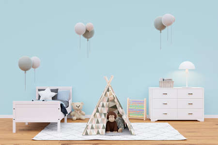 Kids bedroom with stuffed toy animals and play teepee. 3d rendered illustration.の写真素材