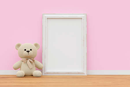 A mockup picture frame with stuffed toy teddy bear. 3d rendered illustration.の写真素材