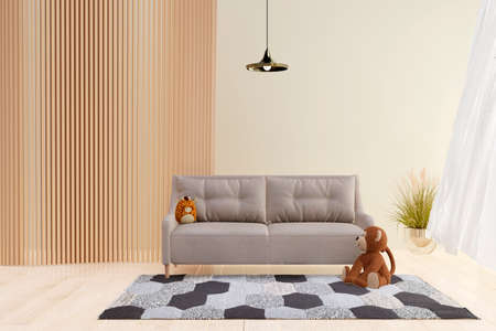 3d rendered illustration of a cozy living room with wall panel decoration.の写真素材