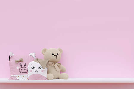 Stuffed toy teddy bear and animal pillows on white shelf. 3d rendered illustration.の写真素材