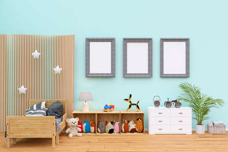 Kids bedroom with stuffed toy animals and mockup picture frames. 3d rendered illustration.の写真素材