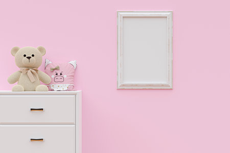 A mockup picture frame with stuffed toy bear and soft pillow on a white cabinet. 3d rendered illustration.の写真素材