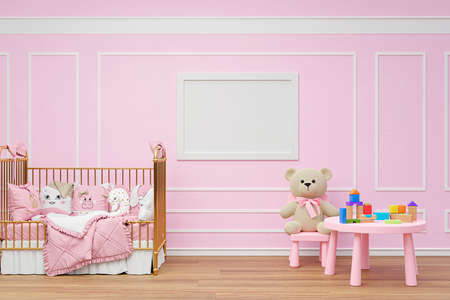 Kids bedroom with stuffed toy animals and mockup picture frame. 3d rendered illustration.の写真素材