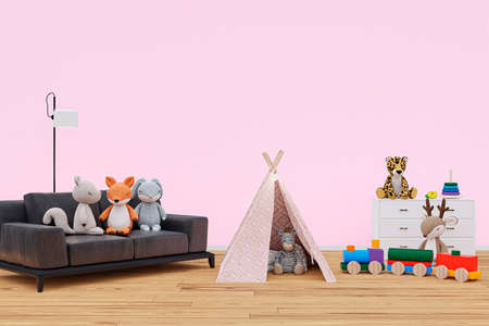 3d rendered illustration of kids playroom with play tee and stuffed toy animals.の写真素材