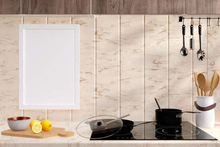 3d rendered illustration of a modern electric stove with cooking utensils in a sunlit kitchen.の写真素材