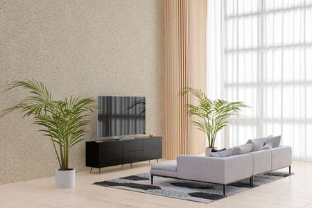 Living room with high ceiling window panel. 3d rendered illustration.の写真素材