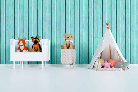 Nursery room with stuffed toy animals. 3d rendered illustration.の写真素材