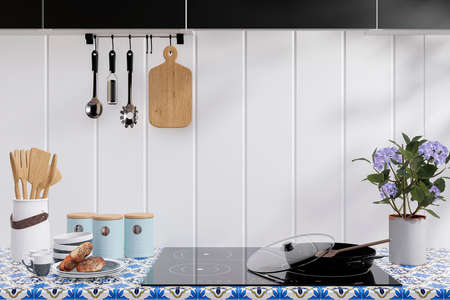 3d rendered illustration of a modern electric stove with cooking utensils in a sunlit kitchen.