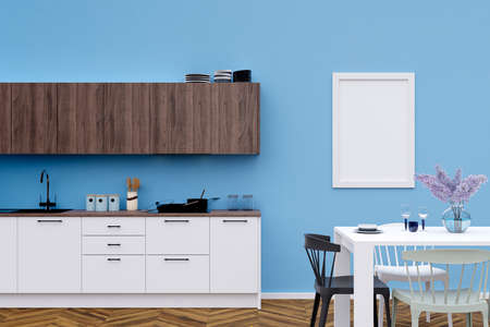 3d rendered illustration of a mockup picture frame in a modern kitchen.の写真素材