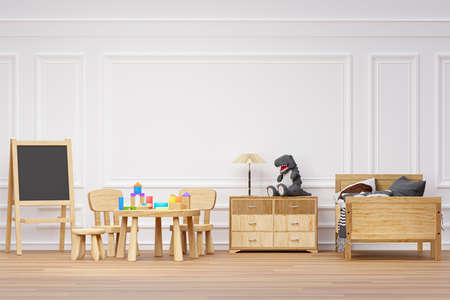 Kids bedroom with stuffed toy animals and writing board, 3d rendered illustration.の写真素材