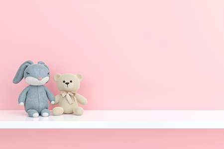 Stuffed toy animals on a white shelf. 3d rendered illustration.の写真素材