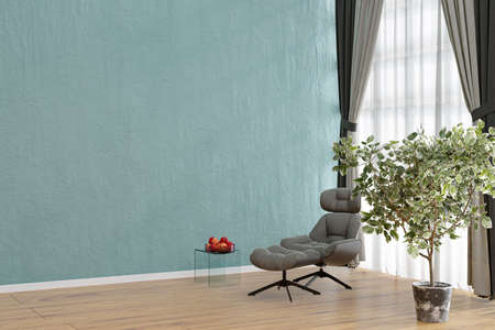 Living room with high ceiling window panel. 3d rendered illustration.の写真素材