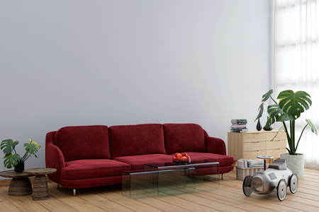 Living room with high ceiling window panel. 3d rendered illustration.の写真素材