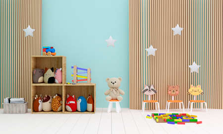 3d rendered illustration of blue wall children room and stuffed toy animals.の写真素材