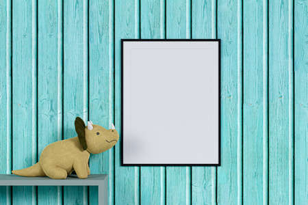 Picture frame mockup with stuffed toy dinosausus. 3d rendered illustration.の写真素材