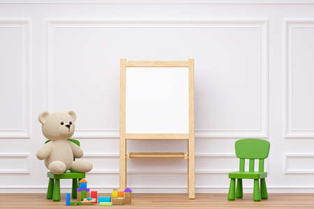 Kids playroom with stuffed toy animals and writing white board. 3d rendered illustration.の写真素材