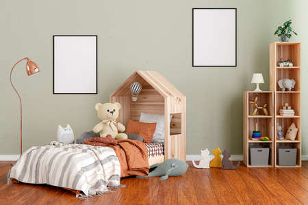 Kids bedroon with hard wood floor. 3d rendered illustration.