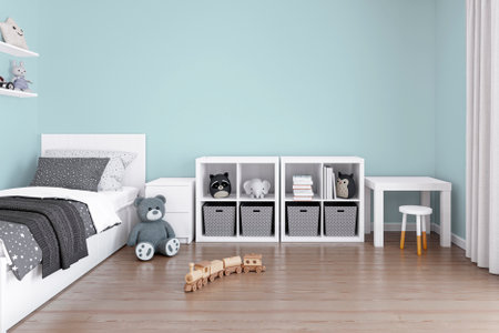 Kids bedroom wall mockup, 3d rendered illustration with customizable background.の写真素材
