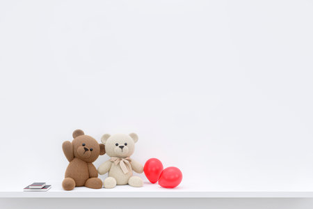 Stuffed cute teddy bears on a white cabinet with red balloons. 3d rendered illustration.の写真素材