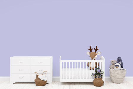 3d rendered illustration of kids nursery with white cot bed.の写真素材