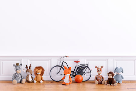 3d rendered illustration of a kid playroom with beautiful stuffed toy animals.の写真素材