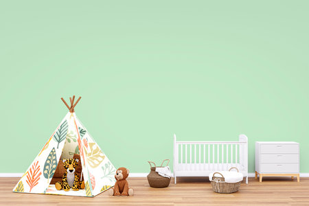 3d rendered illustration of a nursery room with toy animals and play teepee.の写真素材