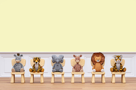 3d rendered illustration of a nursery room with toy animals on baby stools.の写真素材