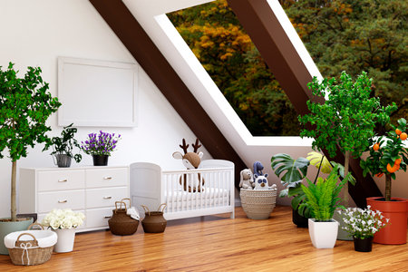 3d rendered illustration of a bright attic nursery room with mockup picture frame and indoor plants.の写真素材