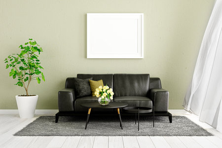 3d rendered illustration of a living room with black leather sofa.の写真素材