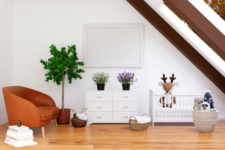 3d rendered illustration of a bright attic nursery room with mockup picture frame and indoor plants.の写真素材