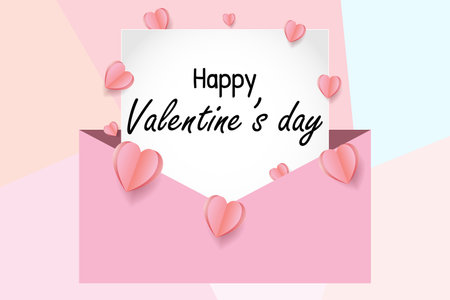 Happy Valentines Day card with paper hearts on pink and blue backgroundのイラスト素材