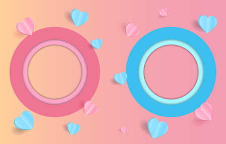 Paper cut elements in shape of heart  with two circle frame with a greeting on pink and sweet  background. Vector symbols of love for couple,Happy Valentine's Day, greeting card design.のイラスト素材