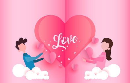 paper cut elements in shape of couple young people and  haerts papercut background. Vector symbols of love for Happy Valentine's Day,  greeting card design.のイラスト素材
