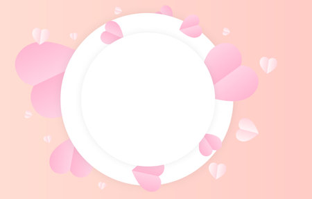 Blank paper cut background circle shape. Decorate with pink and white origami hearts. illustration for valentine day, mother's day. or love day.  vector greeting card.のイラスト素材