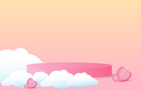 Valentine's day concept background. vector illustration podium decorated with clouds. sweet and pink paper cut hearts with Round pedestal. Cute love sale banner or greeting cardのイラスト素材