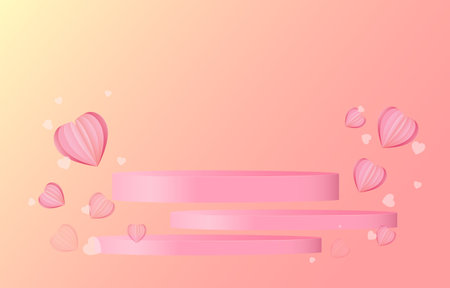 Valentine's day concept background. podium vector illustration. sweet red and pink paper cut hearts with Round pedestal. Cute love sale banner or greeting cardのイラスト素材
