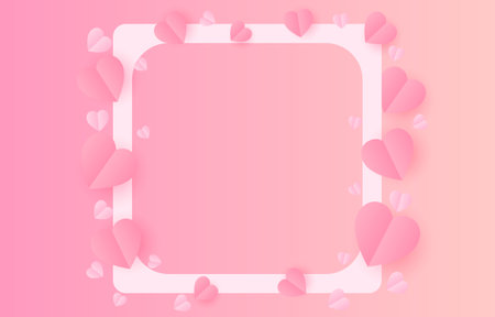 paper cut elements in shape of heart on rectangular frame has free space.and pink sweet background. Vector symbols of love for Happy Valentine's Day, birthday greeting card design.のイラスト素材