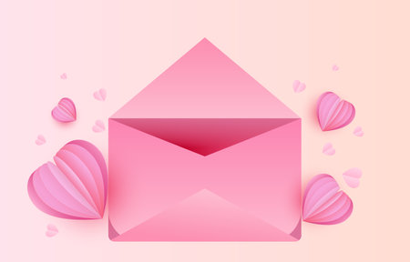 pink letter decorated with red heart shaped paper cutouts and mail. Illustration idea for Valentine's Day or sending love messages. vector envelopeのイラスト素材
