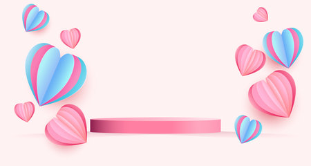 Valentine's day concept background. vector illustration podium decorated with sweet and pink paper cut hearts with Round pedestal. Cute love sale banner or greeting cardのイラスト素材