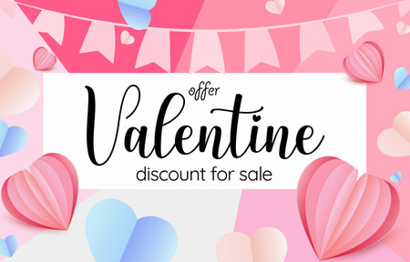 Valentine's sale Paper cut elements in shape of heart flying on frame and discount for sale on pink background. Vector symbols of love for Happy Valentines Day. greeting card design.のイラスト素材