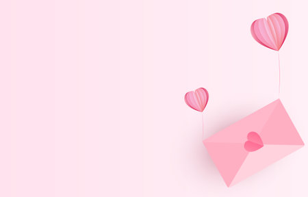 Paper cut sweet pink envelope and heart. with copy space for design Valentine's day or love day background concept. Vector send a letter to a lover, coupleのイラスト素材